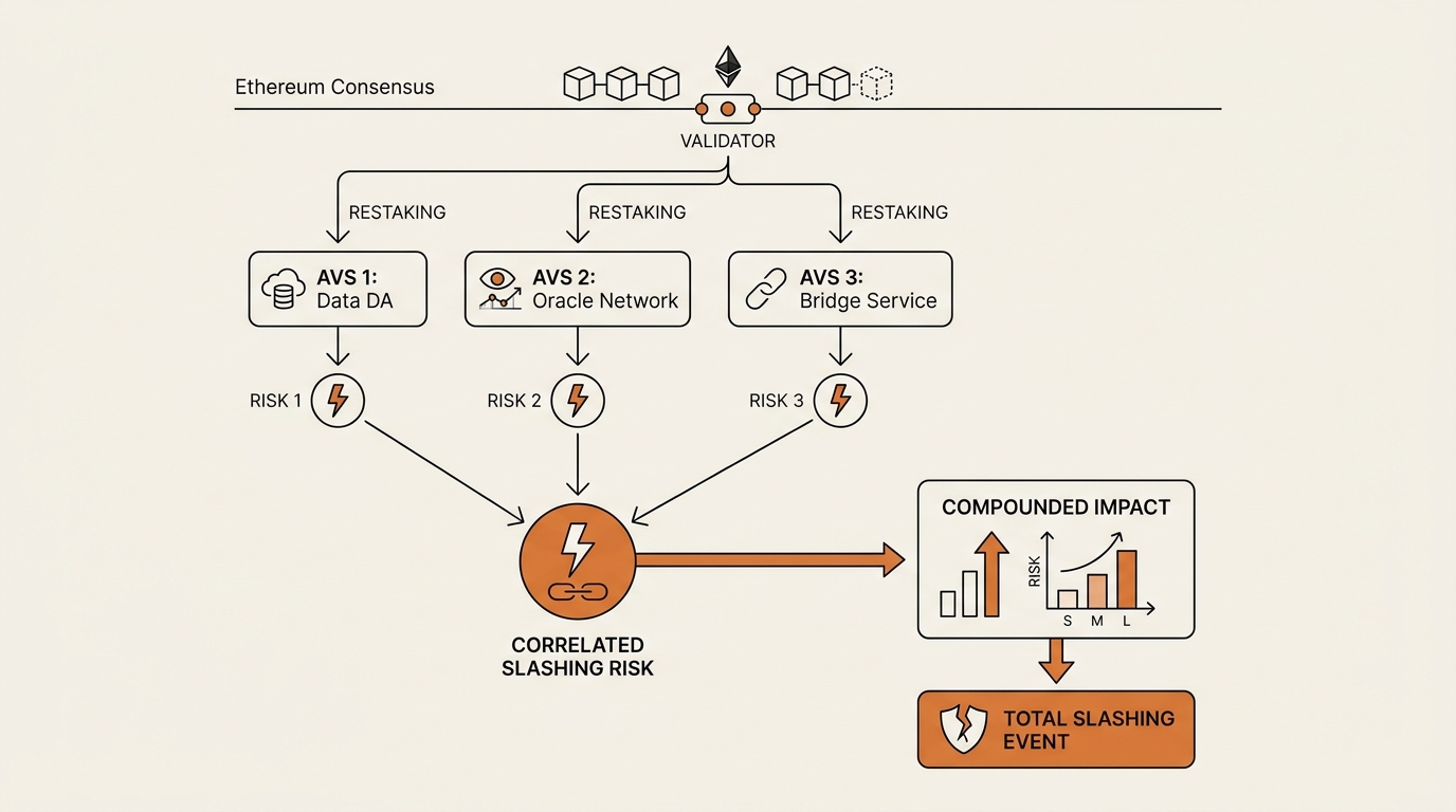 Infographic showing how slashing risk compounds and correlates across multiple EigenLayer AVS services