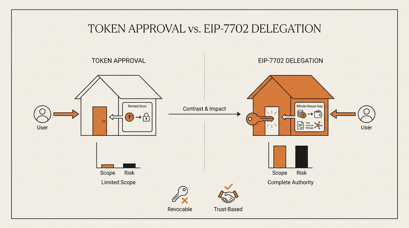 Side-by-side infographic contrasting a token approval as one rented door versus an EIP-7702 delegation phishing scam as handing over the deed to the entire house.