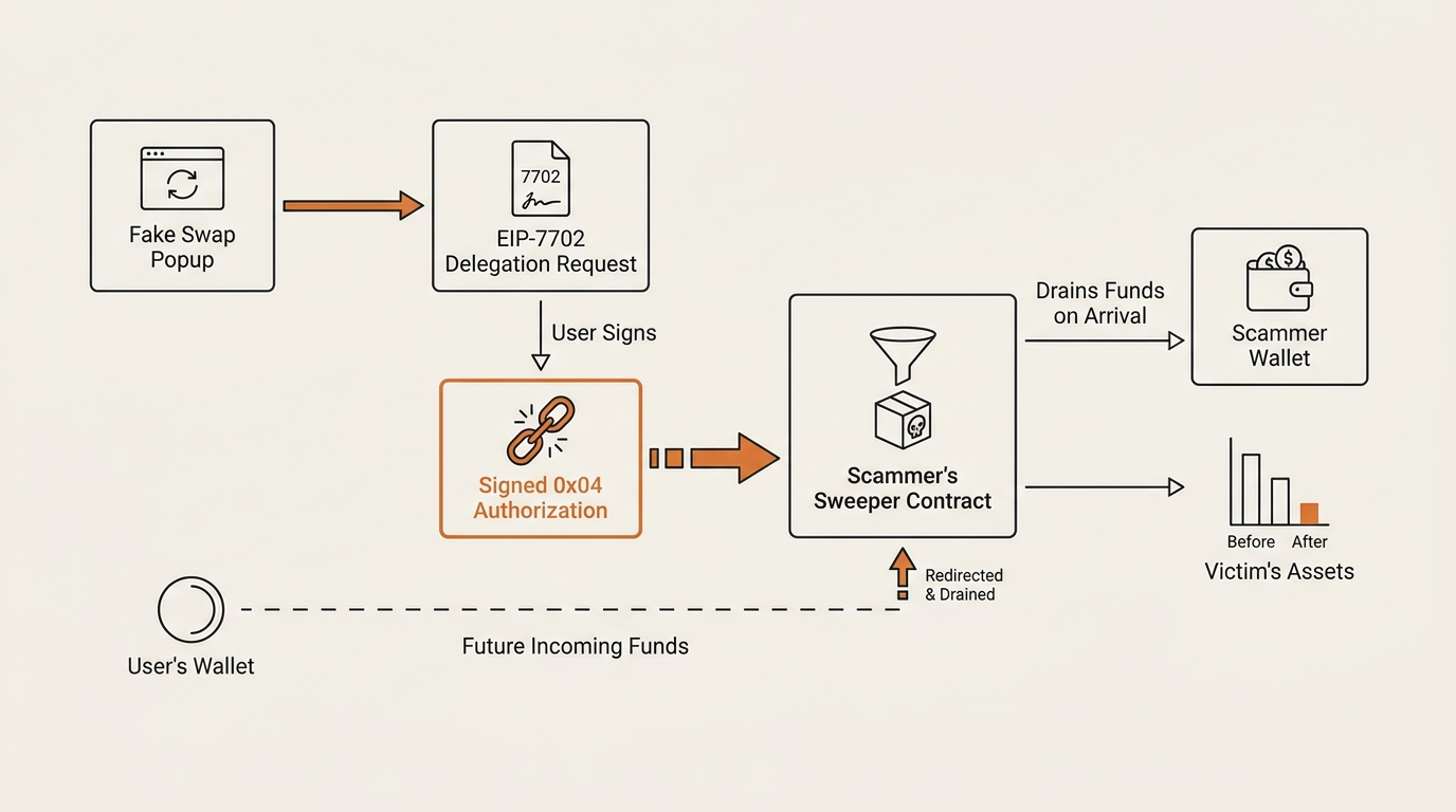 Flow diagram of an EIP-7702 delegation phishing scam moving from a fake swap popup to a signed 0x04 authorization to a sweeper contract that drains the wallet.