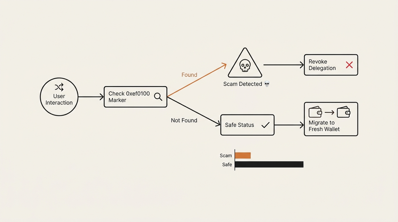 Decision flowchart for an EIP-7702 delegation phishing scam that checks for the 0xef0100 marker then branches to revoke the delegation or move funds to a fresh wallet.