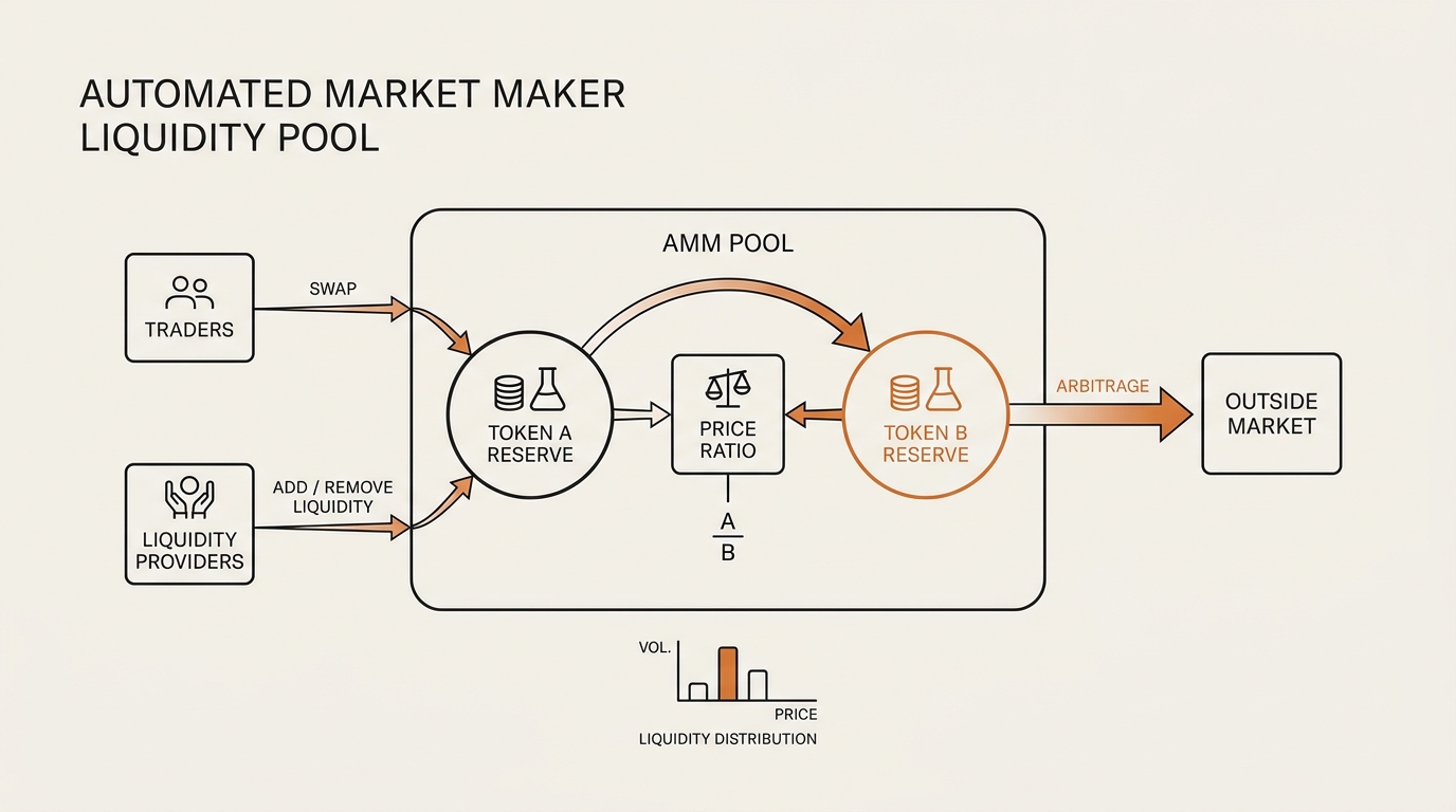 Diagram of an automated market maker liquidity pool showing two token reserves, with the ratio between them labeled a…