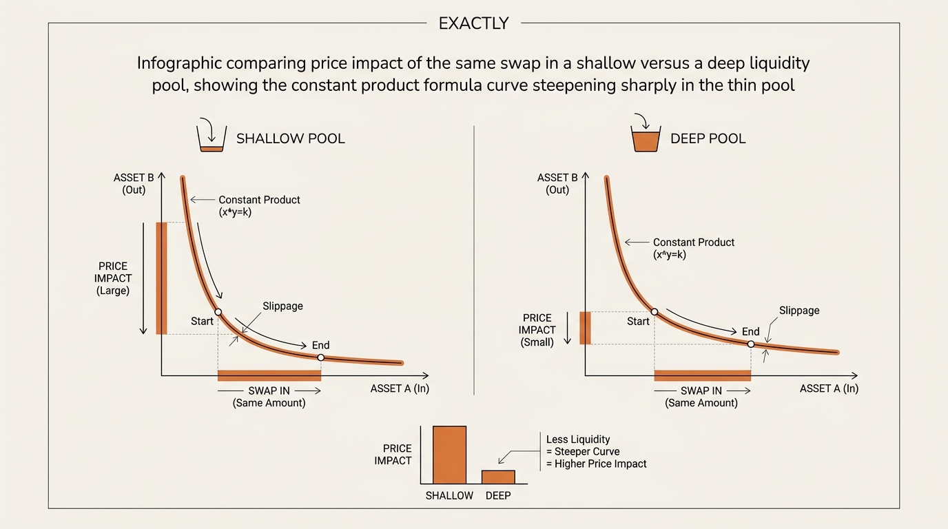 Infographic comparing price impact of the same swap in a shallow versus a deep liquidity pool, showing the constant p…