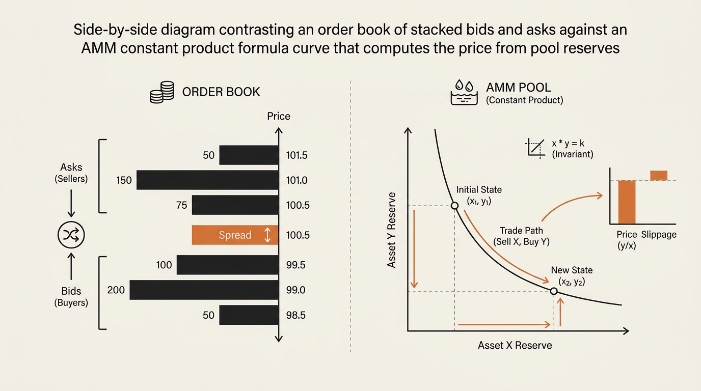 Side-by-side diagram contrasting an order book of stacked bids and asks against an AMM constant product formula curve…