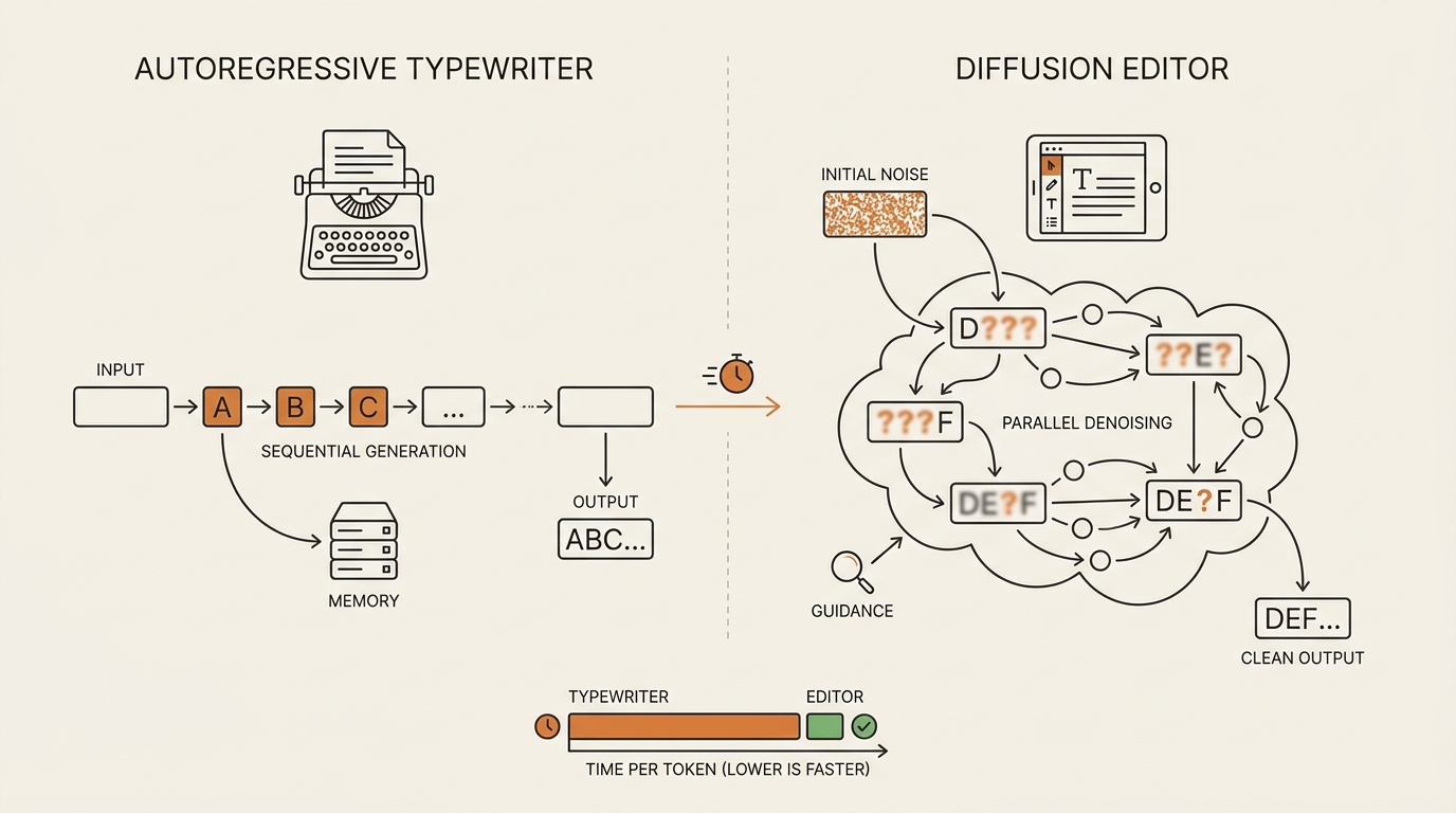 Side-by-side diagram contrasting autoregressive typewriter generation with diffusion language model editor-style parallel denoising