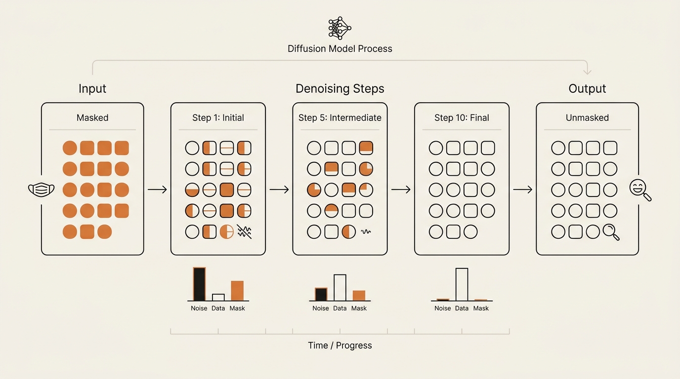 Step-by-step infographic showing masked tokens being unmasked across denoising steps in a diffusion language model