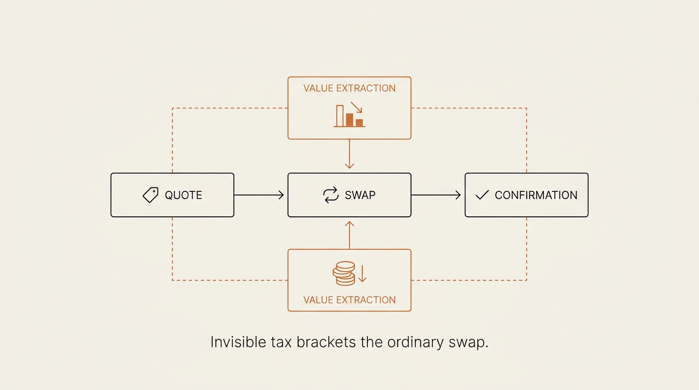 Infographic showing value extraction as an invisible tax bracketing an ordinary swap between quote and confirmation