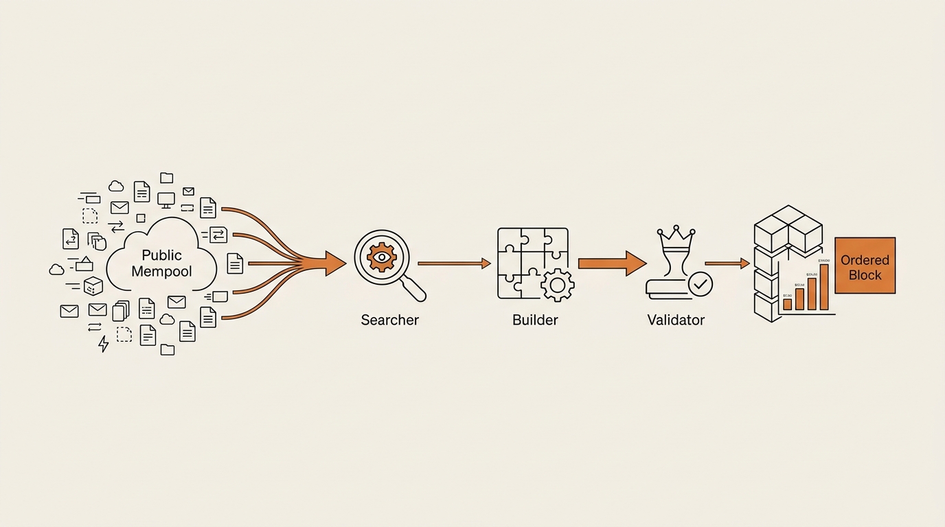 Diagram of the value extraction pipeline flowing from public mempool to searcher to builder to validator ordering a b…