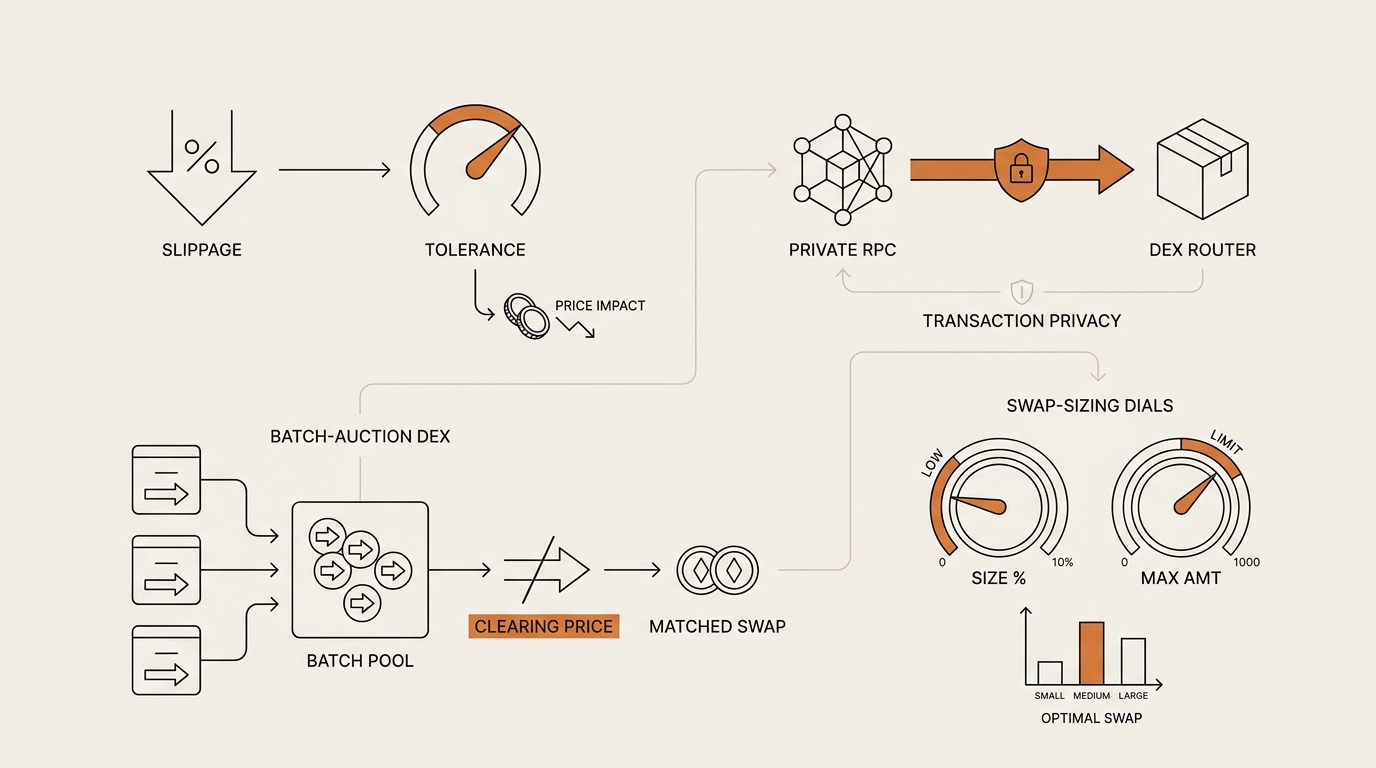 Non-developer swap-defense checklist infographic showing slippage, private RPC, batch-auction DEX, and swap-sizing dials