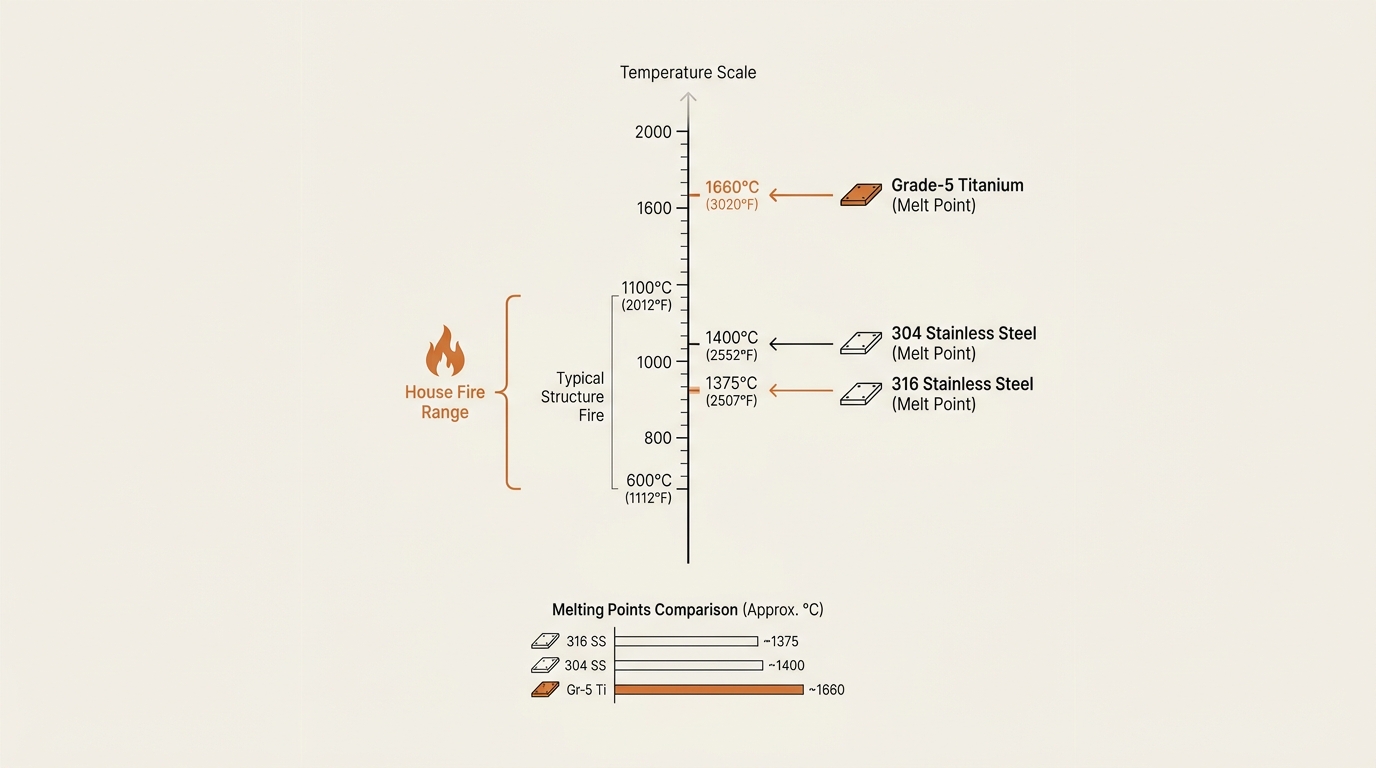 Infographic placing house-fire temperature against the melt points of 304 and 316 stainless steel and grade-5 titanium, showing a metal seed phrase backup plate survives because the fire never gets hot enough to melt it