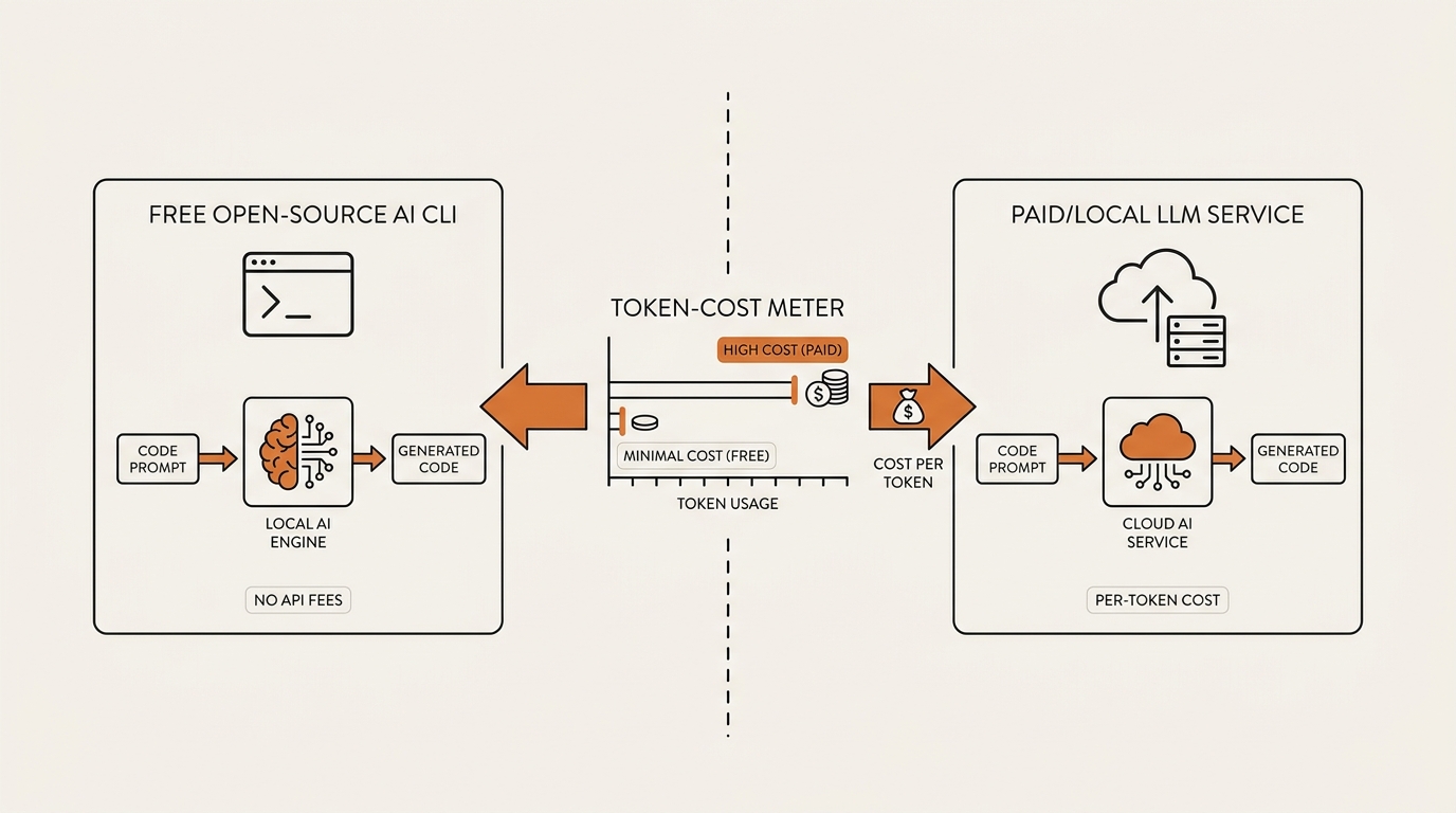 Split diagram showing a free open-source AI coding CLI on the left and a paid or local LLM on the right, with a token-cost meter between them
