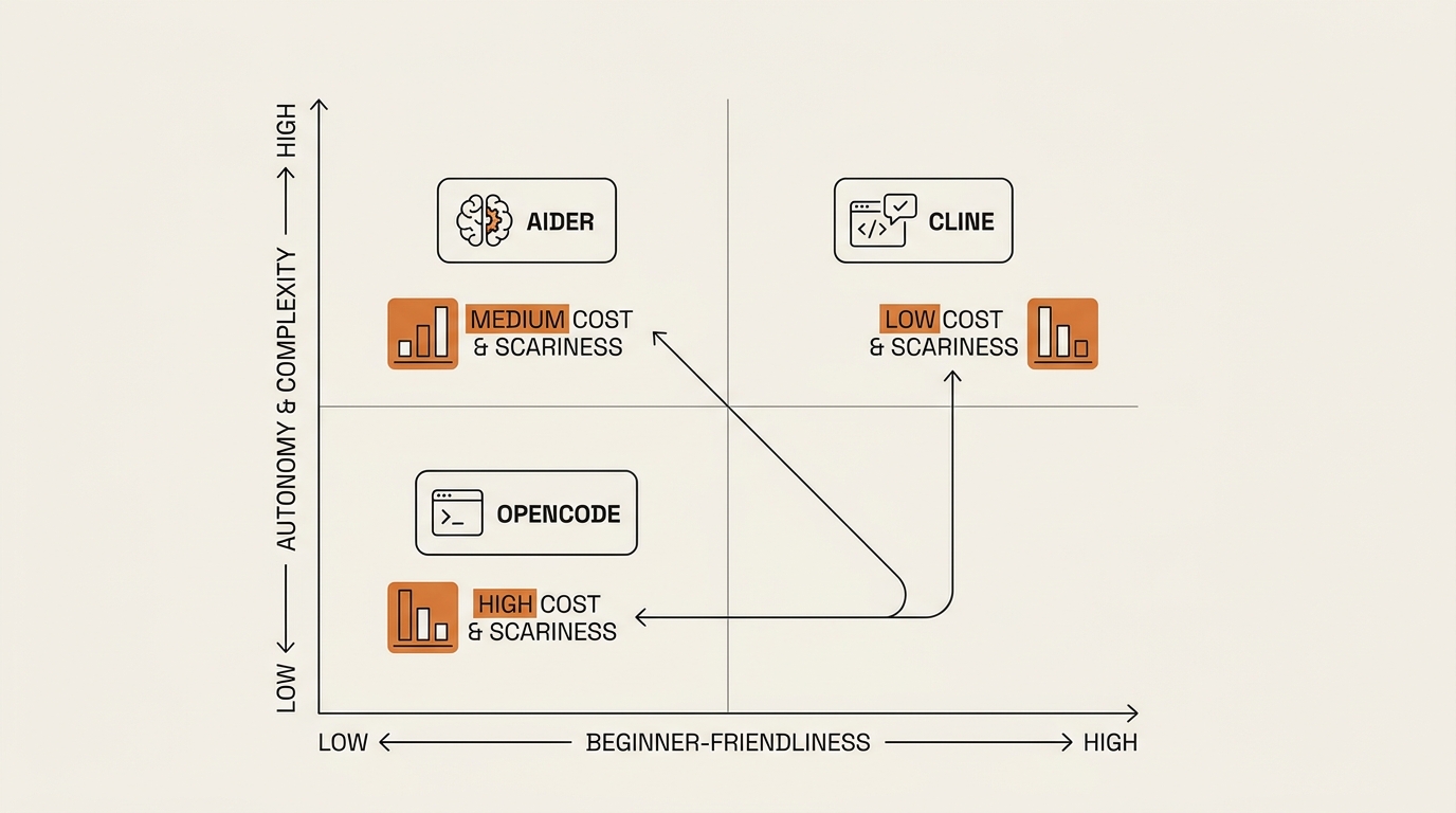 Three-tool cost and scariness matrix comparing opencode, Cline, and Aider as an AI coding CLI across autonomy and beginner-friendliness