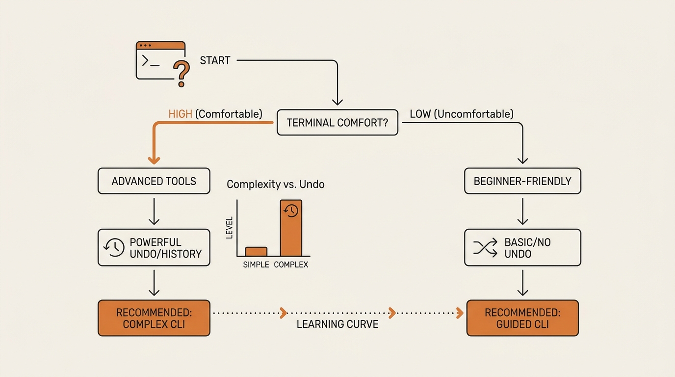 Non-developer decision flowchart for picking a free open-source AI coding CLI based on terminal comfort and undo needs