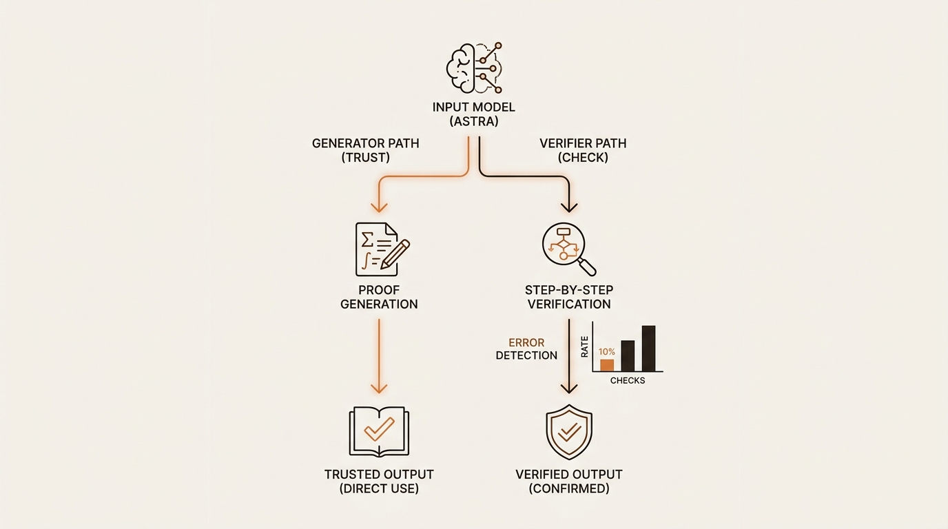 Diagram of the generator versus verifier reading of the OpenAI Astra math proofs, one path trusting the model and one path trusting the Lean checker.