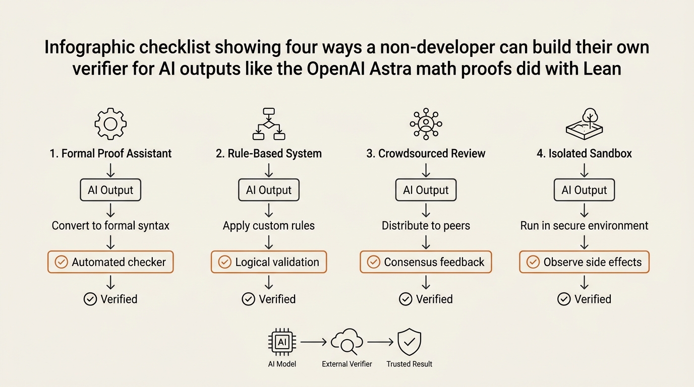 Infographic checklist showing four ways a non-developer can build their own verifier for AI outputs, inspired by the OpenAI Lean proof release.