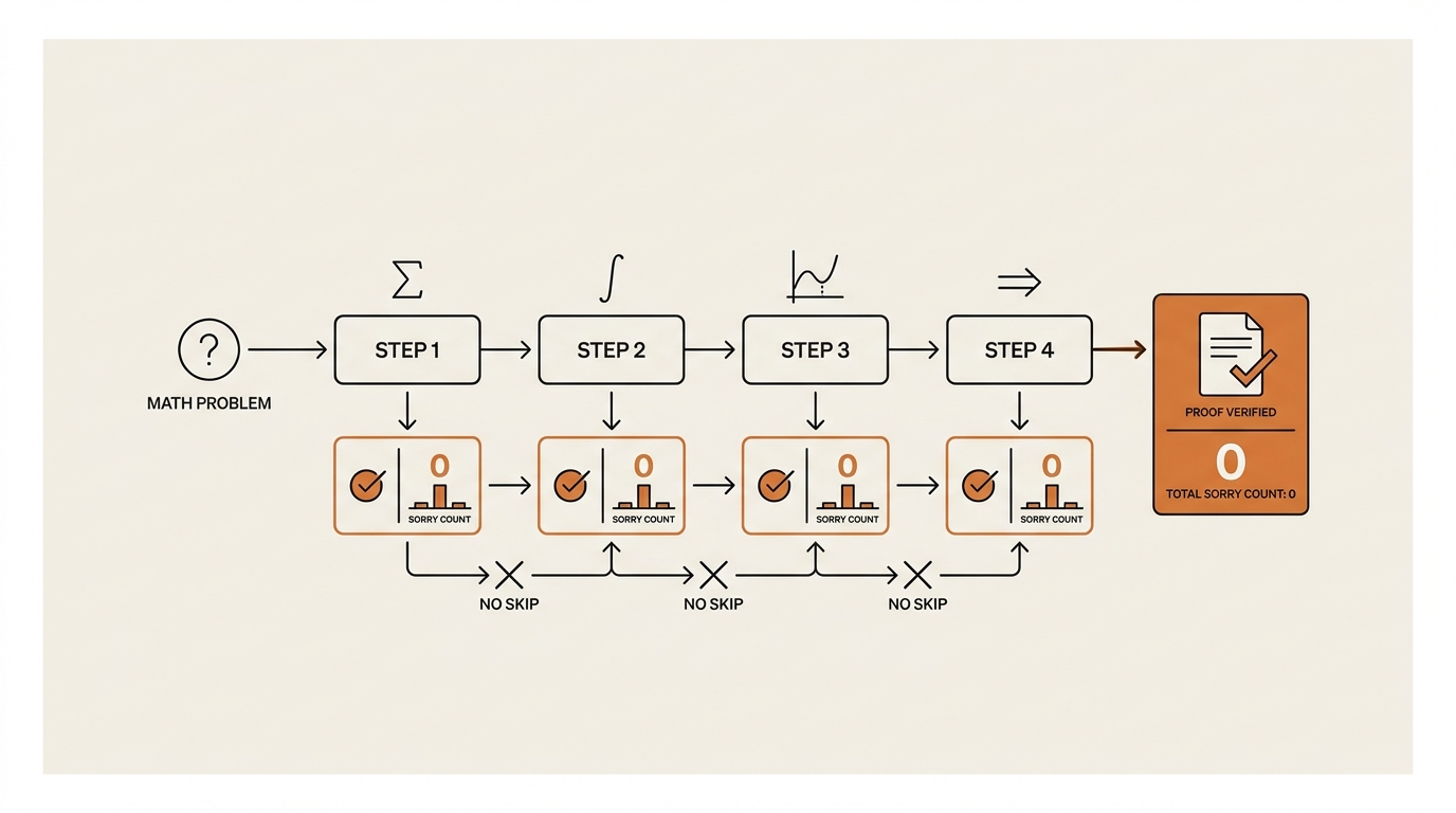 Step-check diagram explaining what sorry count zero means in the OpenAI Astra math proofs, each proof step marked verified by the Lean kernel.