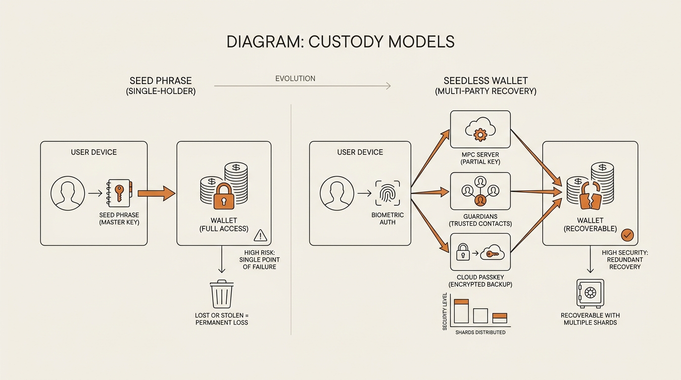 Diagram contrasting seed phrase single-holder custody with seedless wallet recovery shards split across MPC server, g…