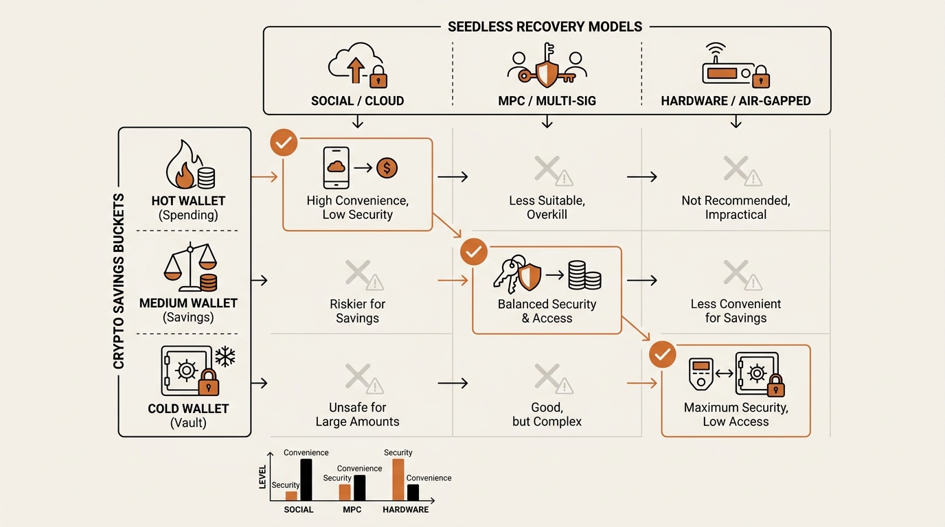 Per-money-bucket decision grid mapping seedless wallet recovery models to hot, medium, and cold crypto savings buckets