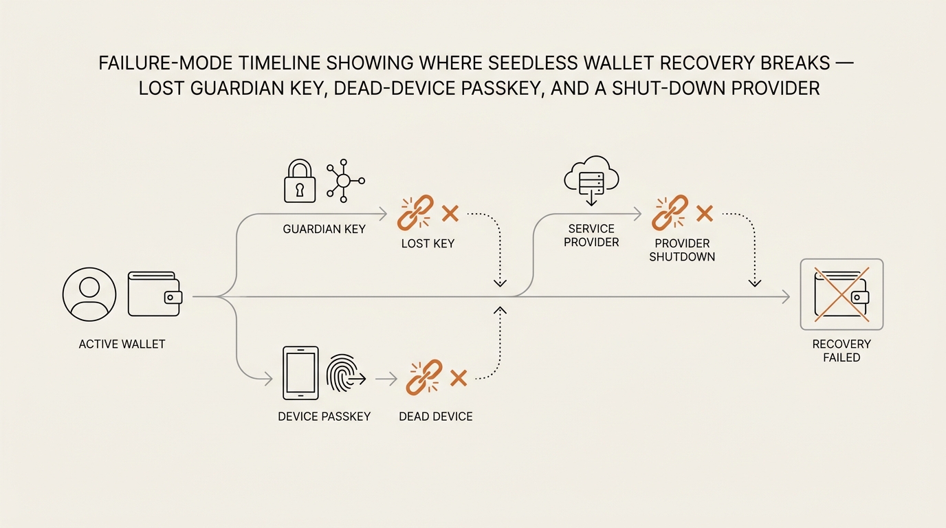 Failure-mode timeline showing where seedless wallet recovery breaks — lost guardian key, dead-device passkey, and a s…
