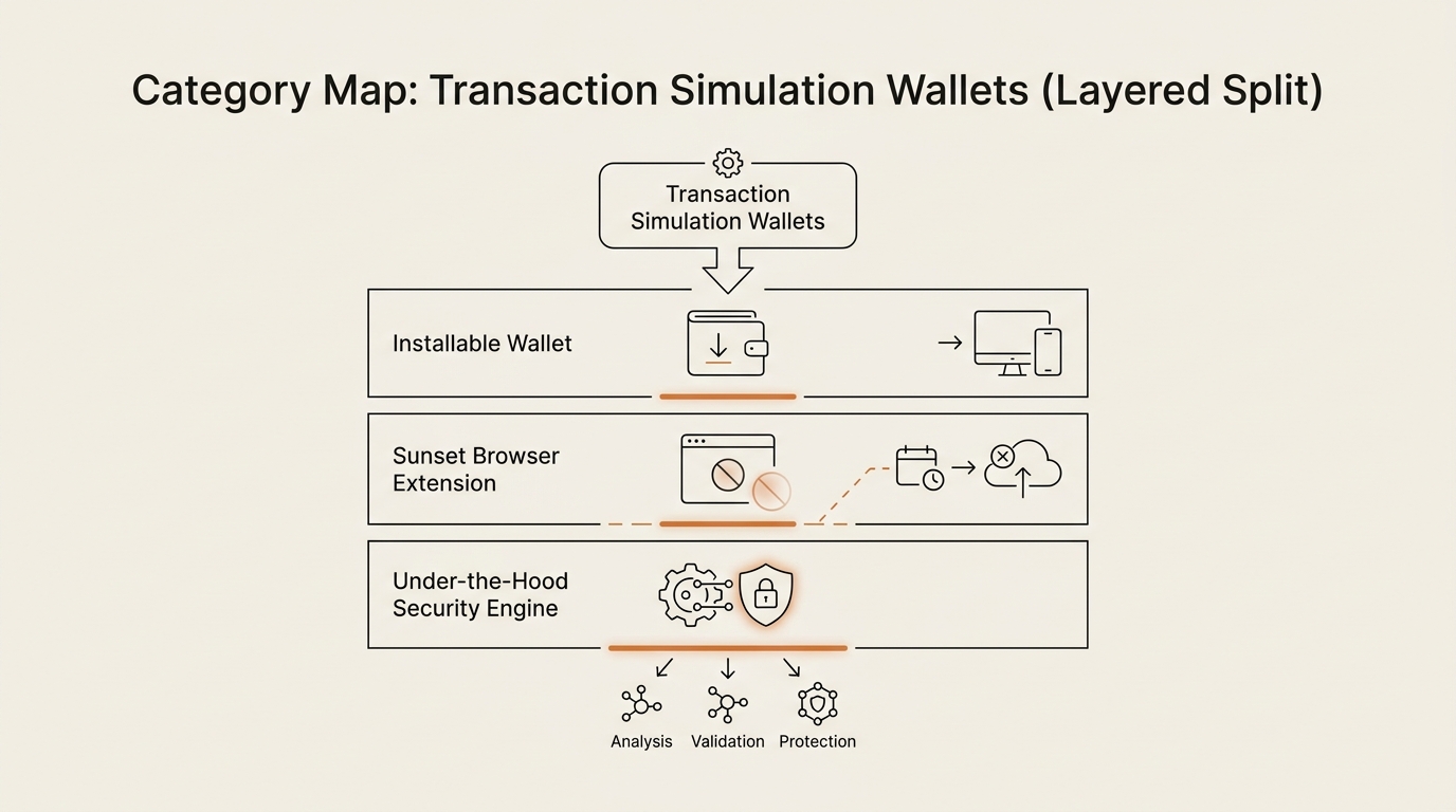 Category map diagram showing transaction simulation wallets split into three layers — a wallet you install, a browser extension that was sunset, and a security engine under the hood