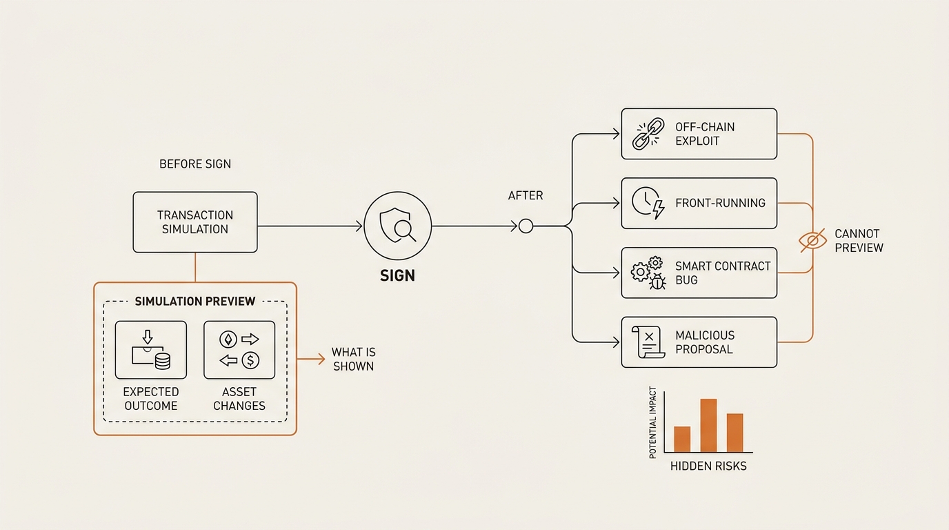 Before-sign-after timeline infographic contrasting what transaction simulation shows a user versus the four attack types it cannot preview