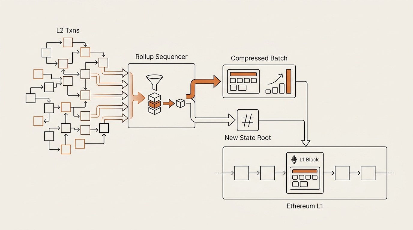 Diagram showing how a rollup batches many L2 transactions into one compressed batch posted to Ethereum L1 with a new state root