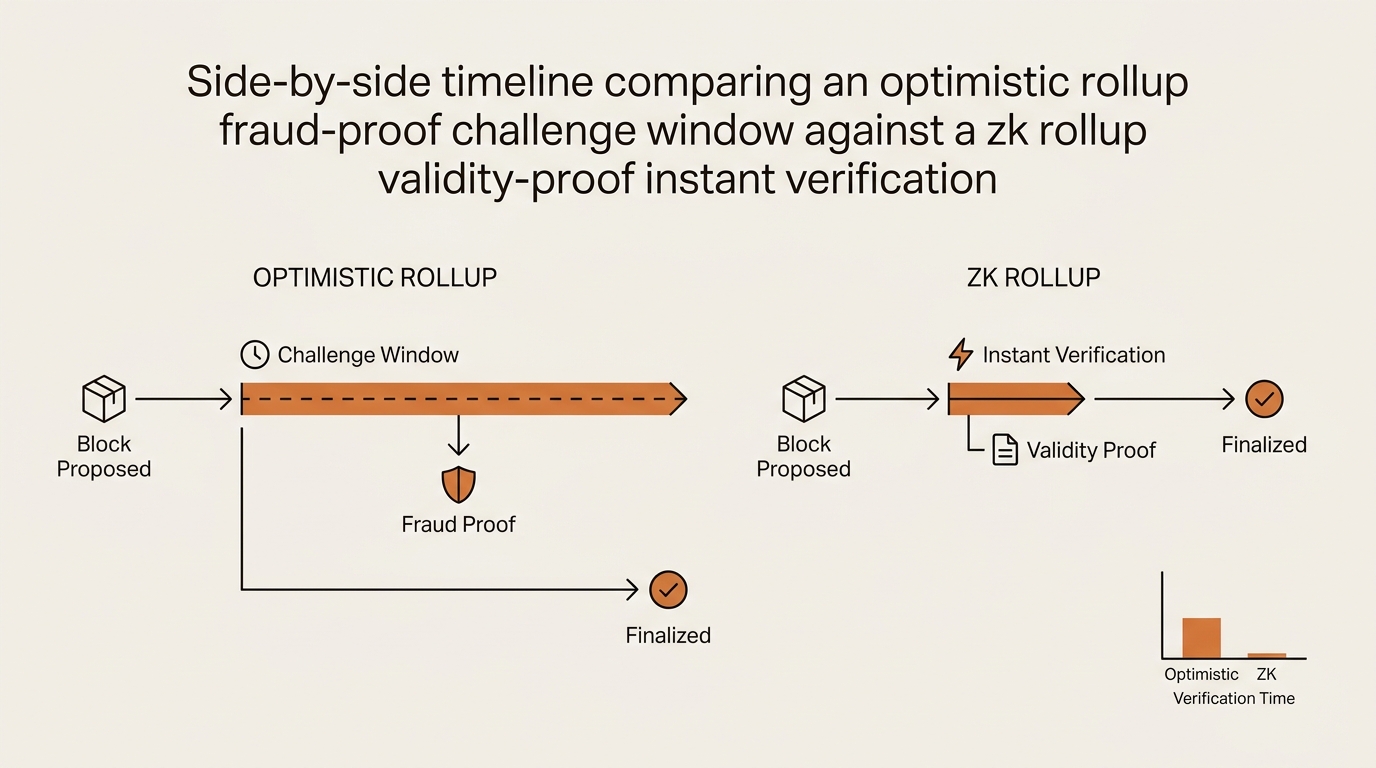 Side-by-side timeline comparing an optimistic rollup fraud-proof challenge window against a zk rollup validity-proof instant verification