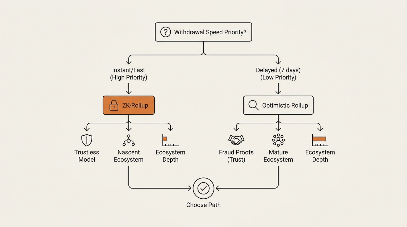 Decision flowchart for a non-developer choosing between a zk rollup and an optimistic rollup based on withdrawal speed, ecosystem depth, and trust model