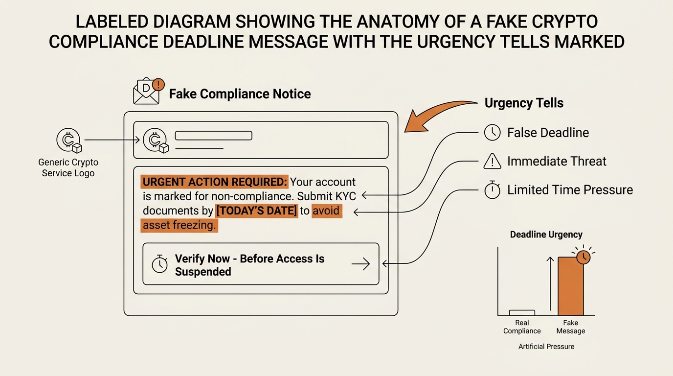 Labeled diagram showing the anatomy of a fake crypto compliance deadline message with the urgency tells marked