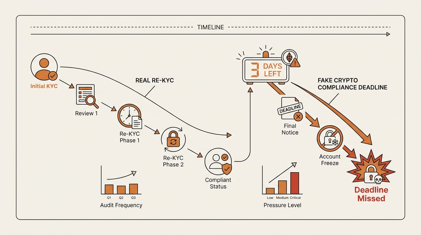 Timeline comparing slow real re-KYC against a steep fake crypto compliance deadline countdown