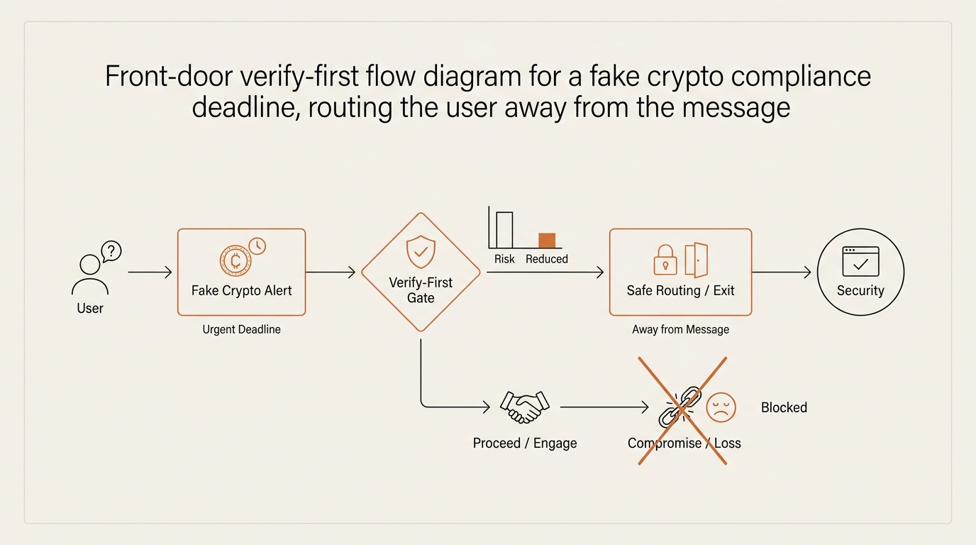 Front-door verify-first flow diagram for a fake crypto compliance deadline, routing the user away from the message