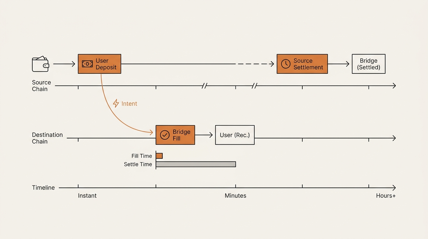Fill-then-settle timeline diagram showing how intent-based bridging moves funds across two chains before the source d…