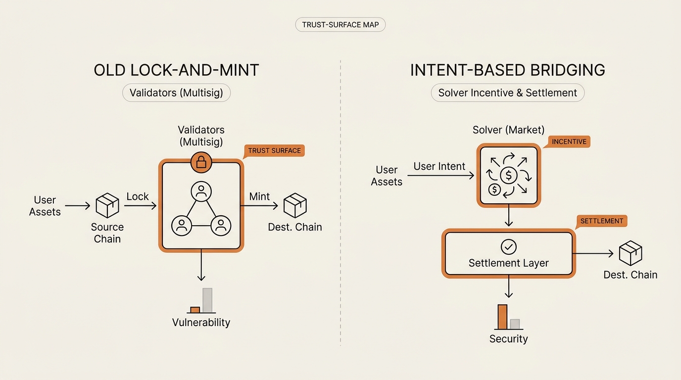 Trust-surface map contrasting old lock-and-mint validator multisig with intent-based bridging solver incentive plus s…
