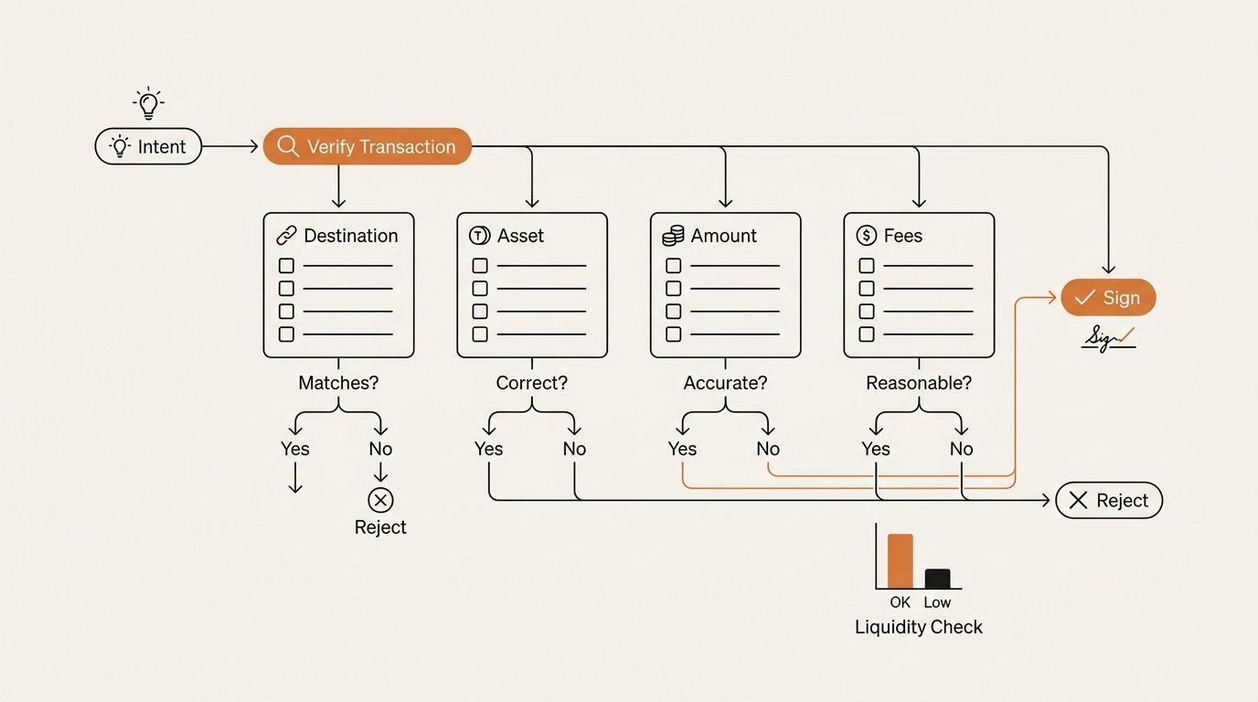 Decision-flow checklist infographic for verifying an intent-based bridging transaction before signing