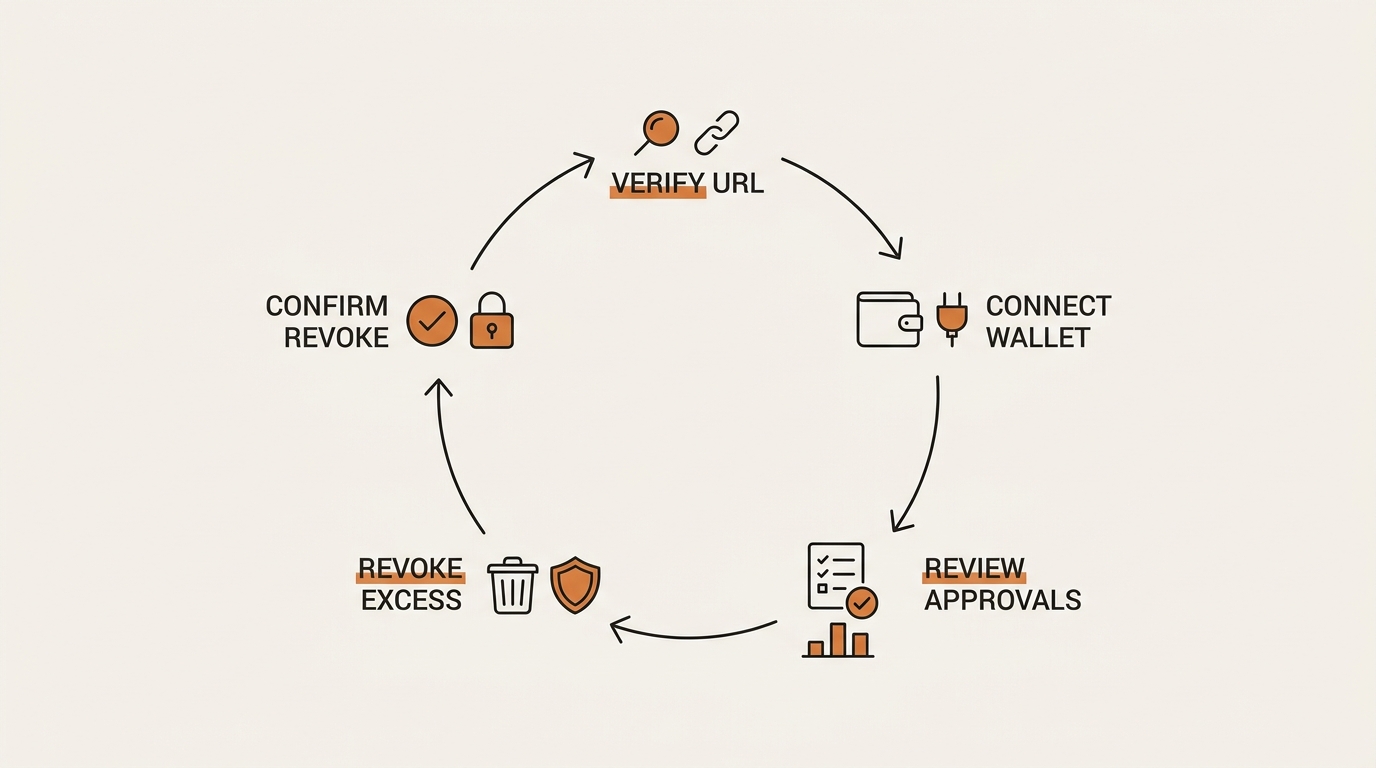 Diagram of a quarterly revoke token approvals wallet security checklist as a five-step loop from verify URL to confir…