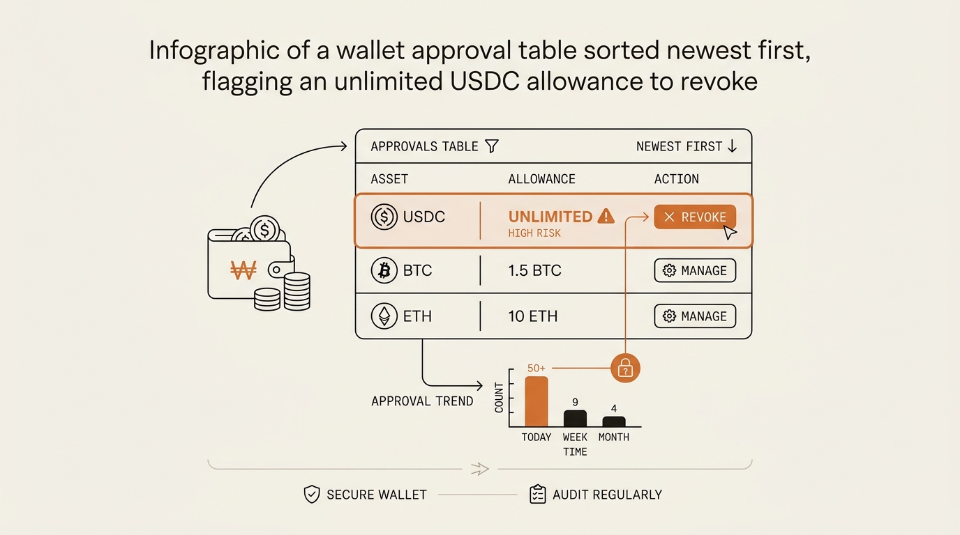 Infographic of a wallet approval table sorted newest first, flagging an unlimited USDC allowance to revoke