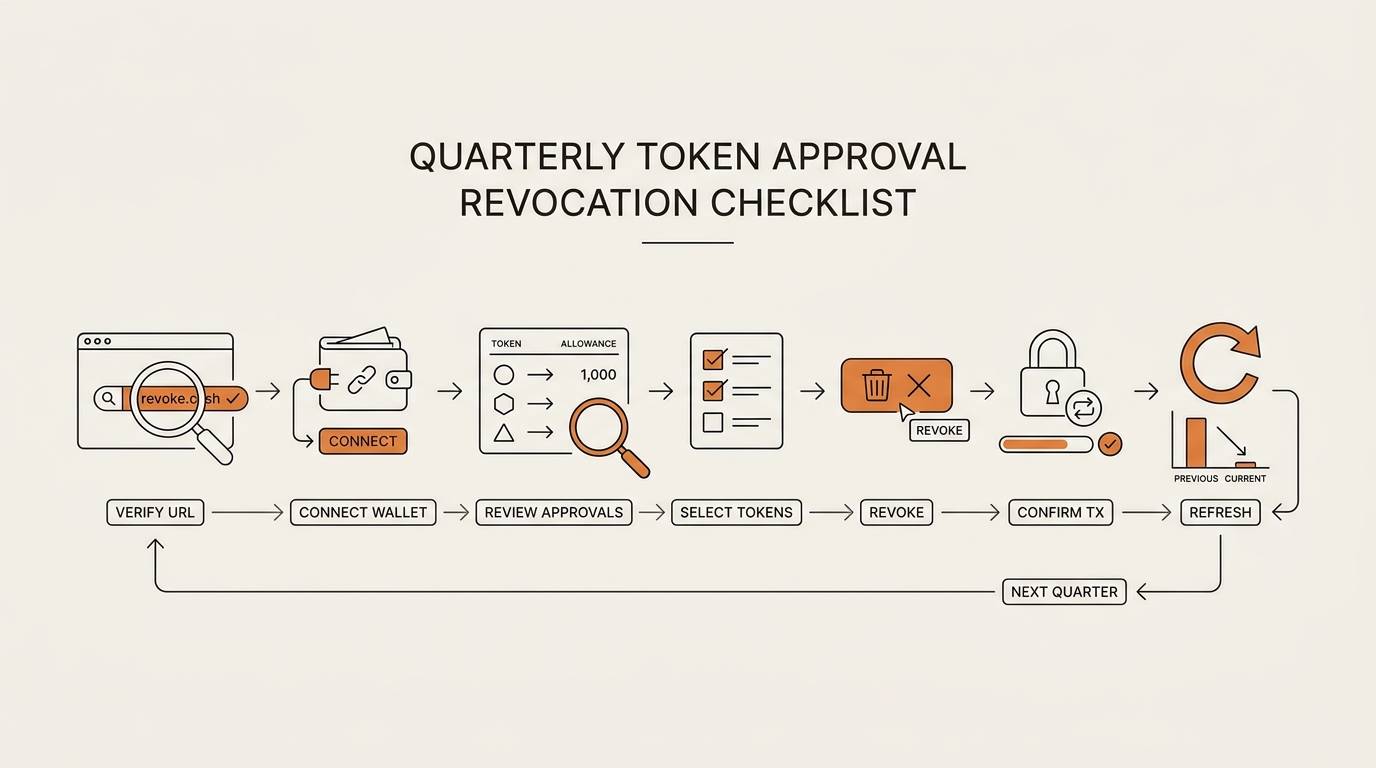 Infographic of the seven-step quarterly checklist to revoke token approvals with revoke.cash, from verify URL to refresh